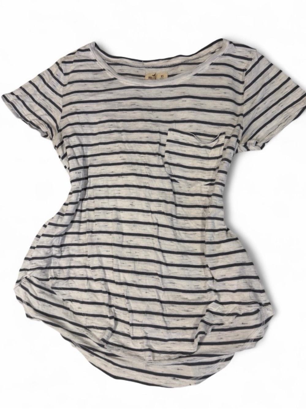 Hollister White and Navy Striped Pocket Tee